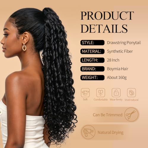 Boymia 28 Inch Black Ponytail Extension for Black Women - Drawstring & Curly, Natural Look