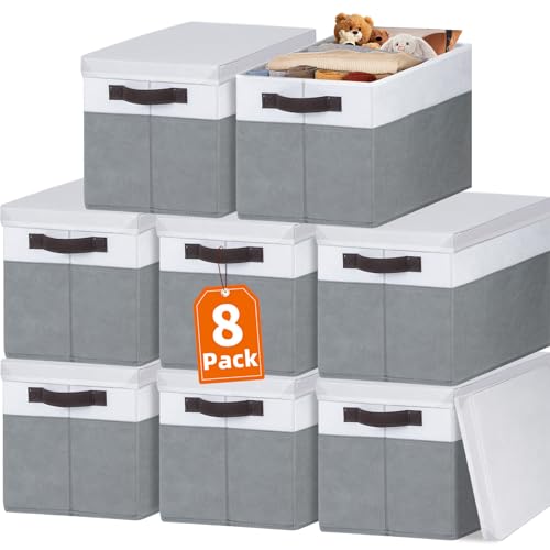 Criusia Extra Large White & Grey Storage Baskets with Lids - 8 Pack, 33 QT Closet Organizers for Clothes, Towels, Toys, and More