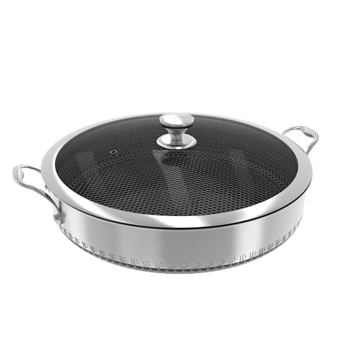 8QT Stainless Steel Nonstick Wok with Lid & Double Handles - Hex Design