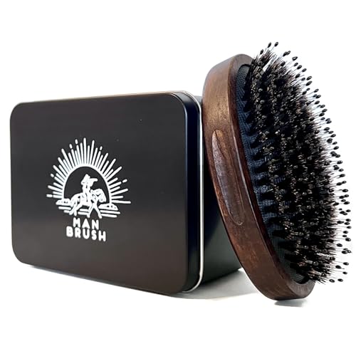 Men's Beard & Hair Grooming Brush - Dual Soft & Stiff Boar & Nylon Bristles, Travel Size, Gift Tin