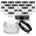 24 Pack 2oz Clear Glass Jars Small Glass Containers with Black Metal Lids Empty Cosmetic Jars with Inner Liners and Lids Clear Glass Lotion Jars with Labels for Traveling