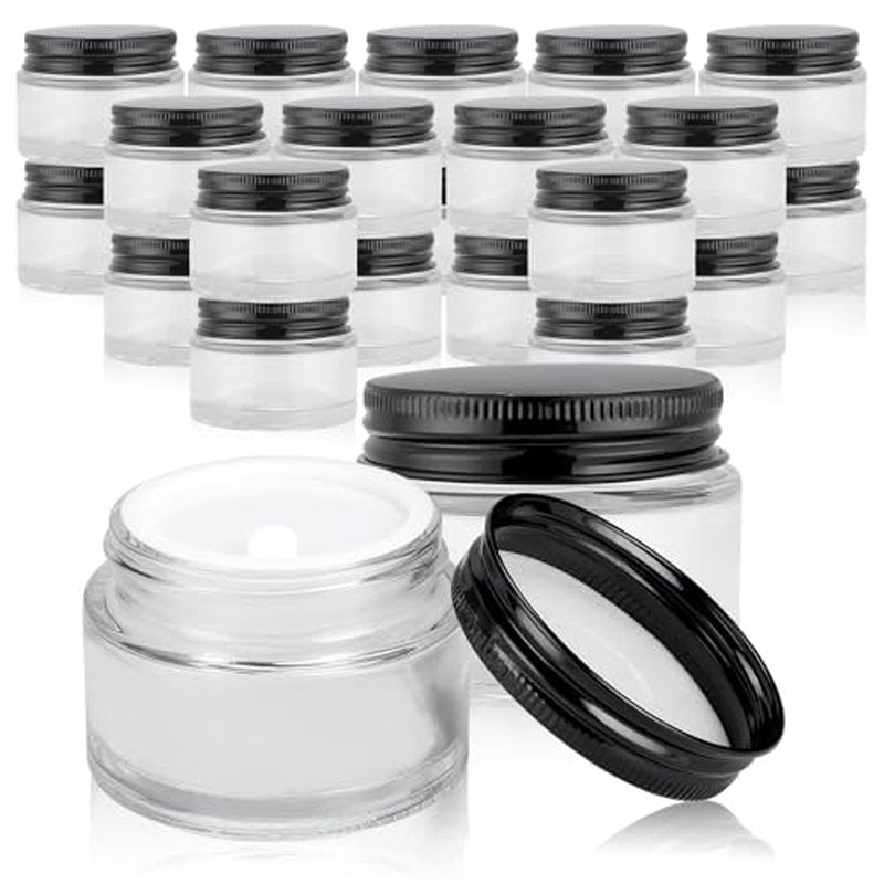 24 Pack 2oz Clear Glass Jars Small Glass Containers with Black Metal Lids Empty Cosmetic Jars with Inner Liners and Lids Clear Glass Lotion Jars with Labels for Traveling