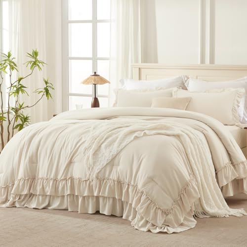 Andency Beige Ruffle Comforter Set King - 3 Pieces Solid Bedding