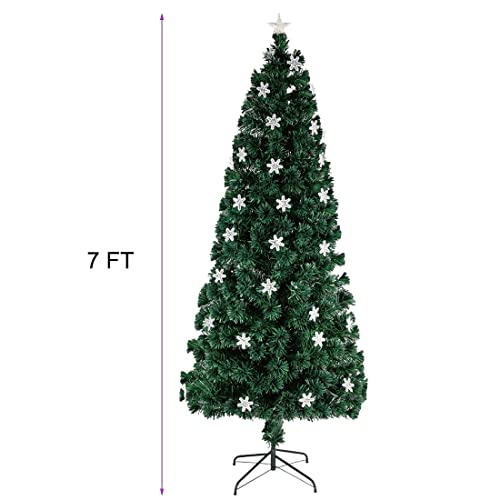 Green 7ft Pre-Lit Optical Fiber Christmas Tree with RGB LED Lights & Snowflakes - Festive Holiday Decor
