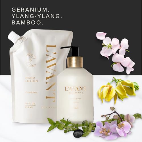 L'AVANT Collective Luxury Hand Lotion Refill - Fresh Linen High Performing Moisturizing Hand Cream for Dry, Cracked Hands Fragrance - Shea Butter Heal & Restore Softens Skin Fresh Linen 20 Oz