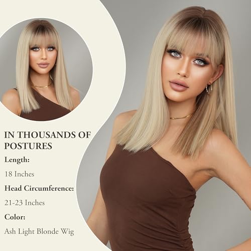 Rooted Blonde Balayage Ombre Long Bob Wig with Bang - 18 Inch Synthetic Hair for Women