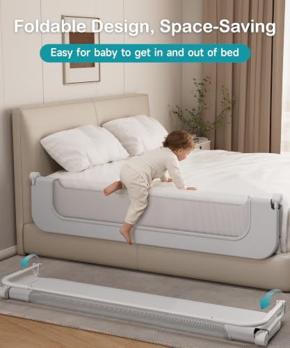 White 71-Inch Foldable Toddler Bed Rail with Double Crossbar Safety Guard – Hiravion
