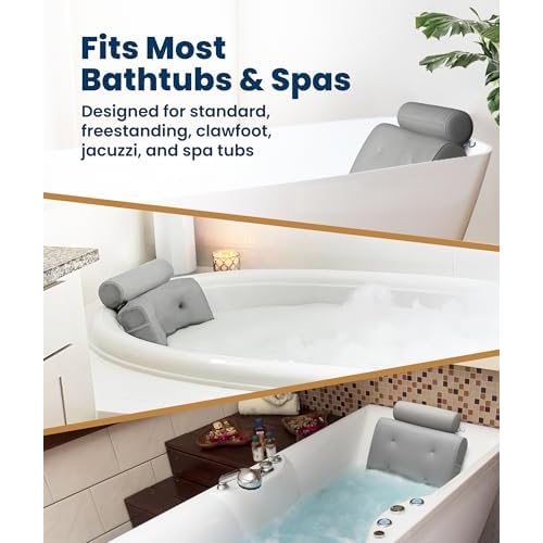 Everlasting Comfort Luxury Bath Pillows for Tub with Head and Neck Support - Non-Slip Bathtub Pillow with Suction Cups, Quick-Drying Mesh & Drying Hook - Jacuzzi & Spa Accessories for Women - Gray