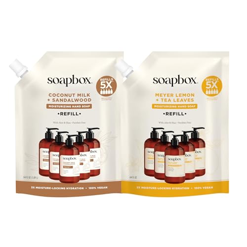 Soapbox Liquid Hand Soap Refill Combo Pack, Coconut Milk & Sandalwood + Meyer Lemon & Tea Leaves, 64oz Half Gallon Refills (Pack of 2)