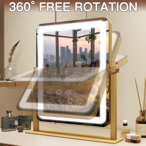 Lighted Vanity Mirror with Lights - 15x12.6 Inch LED Touch Screen, Dimmable & 3-Color Modes - Gold, Adjustable Brightness