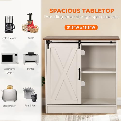 White Farmhouse Coffee Bar Cabinet with Sliding Barn Door Storage