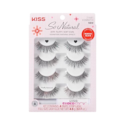 KISS So Natural Holiday False Eyelashes, ¡®Fluffy Natural¡¯, 10mm-12mm, Medium Volume, Tapered Ends, 3 Pairs + 1 Pair with Glitter, KISS SuperStick Strip Lash Adhesive, Clear, Net Wt. 4.8g (0.17 oz.)