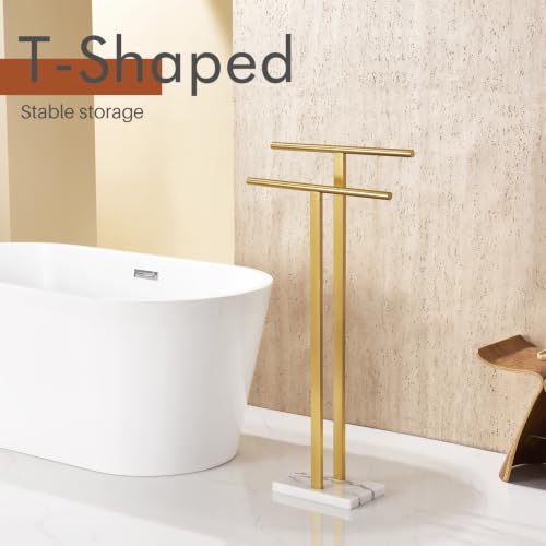 Brushed Gold Standing Towel Rack with Marble Base - 2-Tier Bathroom Towel Holder