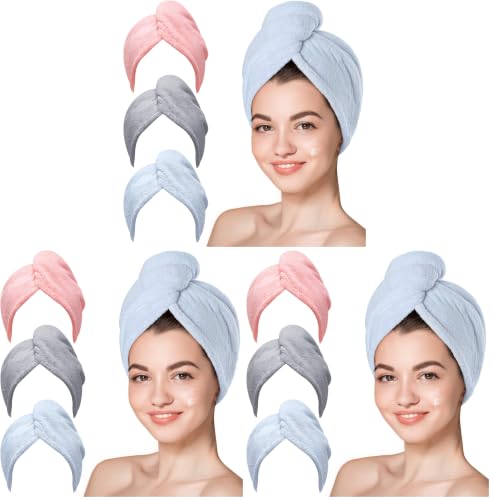 Microfiber Hair Towel Wrap - 9 Pack Large Turbans for Curly & Long Hair - Blue/Grey/Pink