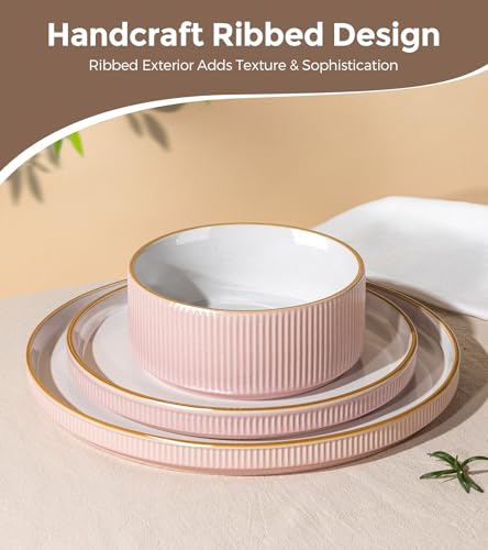 GBHOME Stoneware Dinnerware Set for 4 - 12 Pieces Pink Ribbed Plates & Bowls