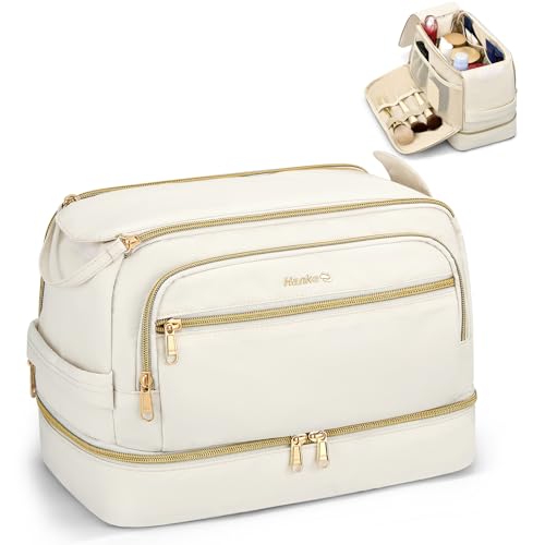 Hanke Travel Toiletry Bag, Lightweight Wide-open Makeup Bag, Dual-Layer Travel Bag for Toiletries Water-Resistant Cosmetic Bags Large Toiletry Bags for Women & Men, Travel Essentials, Off White