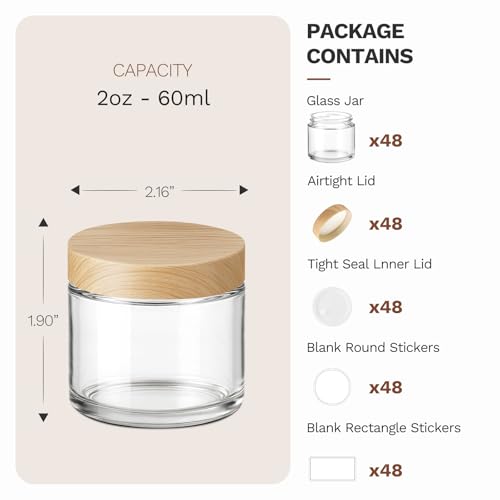 2 oz Glass Jars with Plastic Woodgrain Lids, Bumobum 48 pack Round Clear Cream Jars with Black and White Labels & Inner Liners, Empty Cosmetic Containers for Cream, Lotion, Ointment