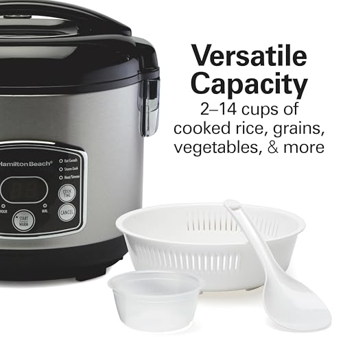 Programmable Rice Cooker & Food Steamer 14 Cups with Rinse Basket - Black & Stainless Steel
