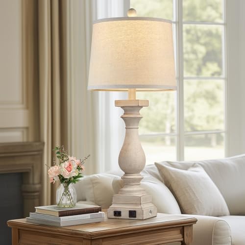 28-Inch Farmhouse Table Lamps Set of 2 with USB-C & AC Ports - Beige Vintage Nightstand Lamps - 3 Way Touch Control for Bedroom Living Room Office - Variation: Beige-2 Pack