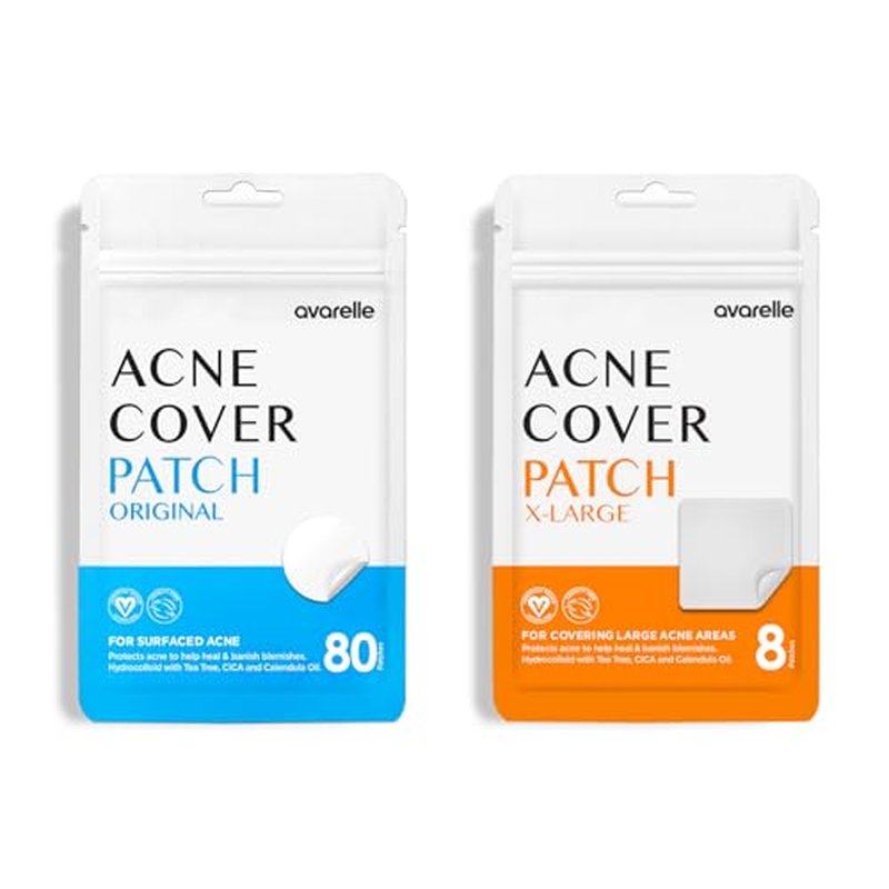 AVARELLE Pimple Patches Full Coverage Combo (Value Pack), Acne Spot Treatment for Blemishes and Zit with Tea Tree Oil, Calendula Oil and Cica Oil for Face, Vegan (80CT Original + XL Patch Bundle)