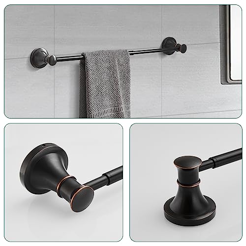 Oil Rubbed Bronze Bathroom Accessory Set - 4-Piece Wall Mount Hardware with Towel Bar, Ring, Hooks & Toilet Paper Holder - Modern Design