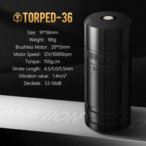 Ambition 36mm Rotary Tattoo Pen Machine with Brushless Motor & Extra Cams - Black