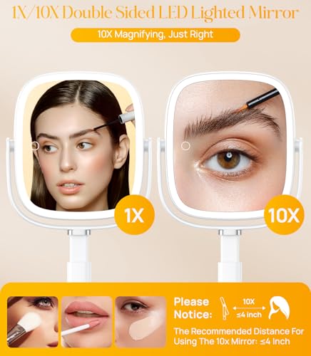 Rectangle Lighted Makeup Mirror with Magnification 1X/10X - White, Adjustable & Rechargeable