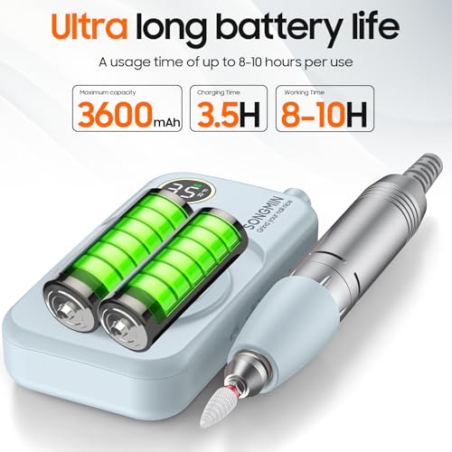 Professional Nail Drill 35000 RPM,SONGMIN Portable Cordless Efile with Bits Kit for Acrylic Nails Gel Polishing Removing,Rechargeable Electric Nail File Machine for Manicure,Pedicure Salon Home,Blue