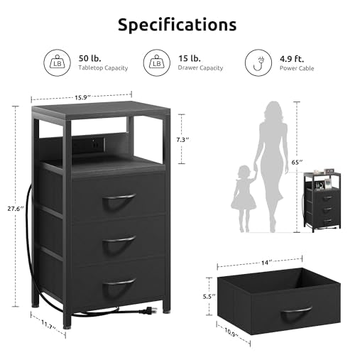 Lazzanto Night Stand with Charging Station - Black, 3 Fabric Drawers