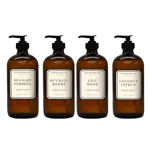 Apothecary 101 Glass Hand Soap Set, Sea Salt Verbena, Huckleberry, Lily Rose, Coconut Citrus, 16 Fl Oz Bottles, Home and Body Company