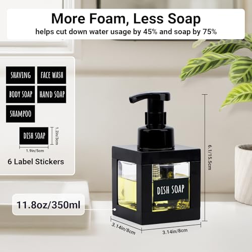 Segbeauty 11.84oz Black Foaming Soap Dispenser for Bathroom, 2pcs 350ml Empty Square Dish Soap Dispenser with Labels Pump for Kitchen, Refillable Hand Wash Foam Dispenser Soap Reusable Shampoo Bottles