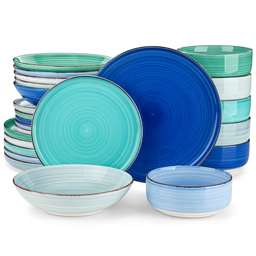 Blue Stoneware Dinnerware Set for 6 - 24 Pieces with Bowls, Plates & Variation