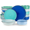 Blue Stoneware Dinnerware Set for 6 - 24 Pieces with Bowls, Plates & Variation