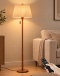 OUTON Walnut Wood Farmhouse Floor Lamp with Remote Dimmable & Dual Shades