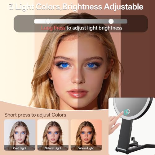 Travel Makeup Mirror with Lights & Foldable Stand - Black 1X/10X Magnification