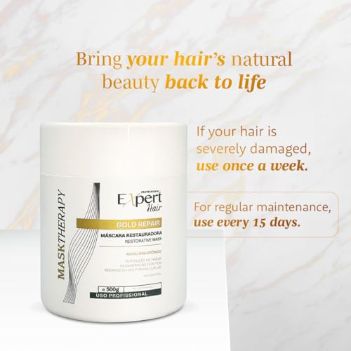 Gold Restorative Hair Mask with Hyaluronic Acid - Repair Damaged Hair & Frizz - 500g / 17.6 Fl Oz - Expert Hair