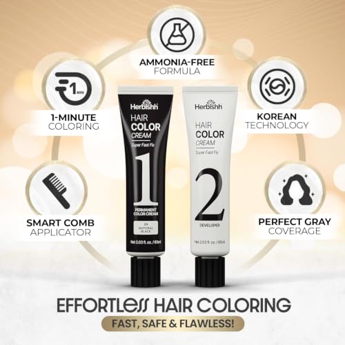 Herbishh Korean Permanent Hair Dye Natural Black 6 Pack - Ammonia-Free, Long-Lasting Color