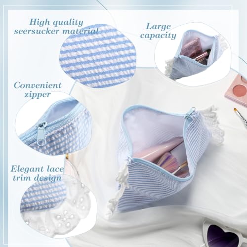 Seersucker Cosmetic Bag for Women - Light Blue 8 Pcs Set with Lace Trim - Travel & Makeup Organizer