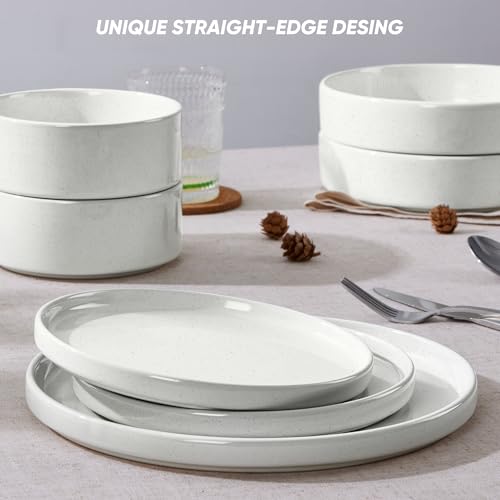 16-Piece Stoneware Dinnerware Set with Pasta Bowls - Speckled White, Includes 4 Dinner Plates, 4 Dessert Plates, 4 Cereal Bowls, 4 Pasta Bowls