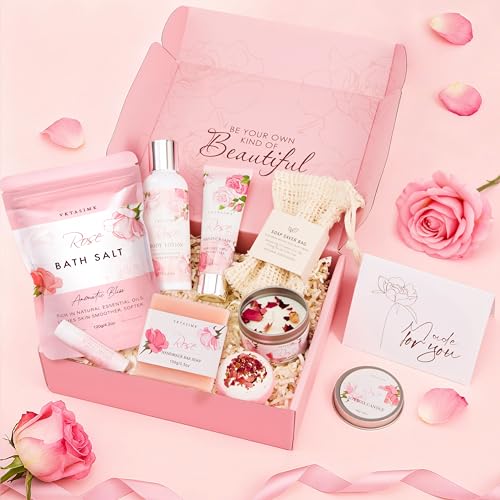 Gifts for Women, Birthday Gifts for Women, Bath and Body Gift Basket Mothers Day Gifts, Rose Home Spa Set Self Care Gift, Thank You for Mom Sister Her Teacher Friends Friendship