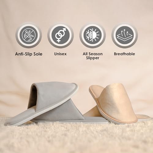 Indoor Spa Slippers 12 Pairs Unisex Washable Non-Slip Closed Toe Grey & Beige