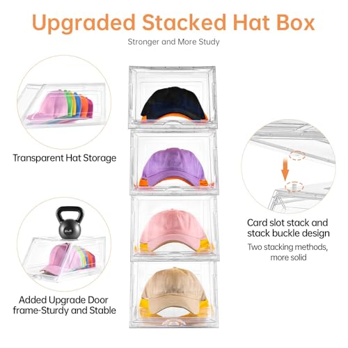 4 Pack Stackable Clear Hat Organizer for Baseball Caps with Sliding Drawer