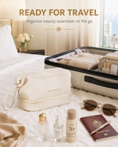 Pocmimut Large White PU Leather Makeup Bag with Mirror, Double Layer Travel Organizer for Women