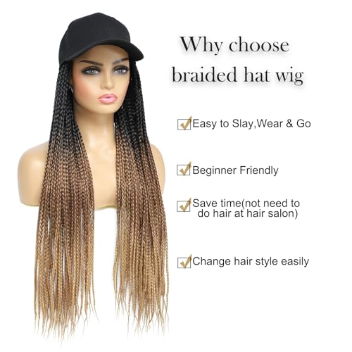Yunkang 24 Inch Braided Hair Baseball Cap Wig with Adjustable Fit - Ombre Synthetic Box Braid Hat for Women, Daily & Outdoor Use