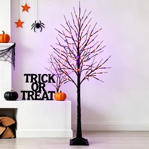 6 FT Halloween Lighted Birch Trees - 96 LED Purple & Orange Fairy Lights with Timer - Indoor Outdoor Decor