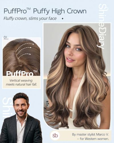 SHINEDIARY 26” Wavy Wigs with Bangs Latte Brown Balayage High Crown Voluminous Style