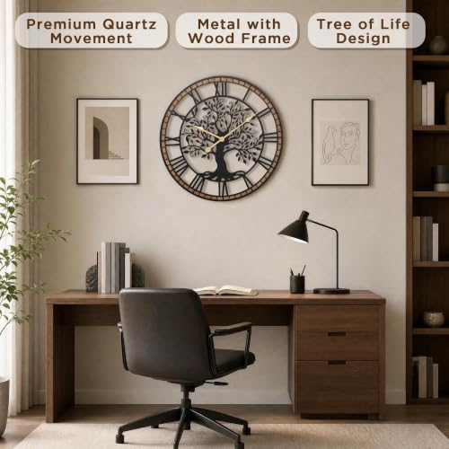 Large Wall Clock 24 Inch Tree of Life Rustic Farmhouse Decor - Battery Operated