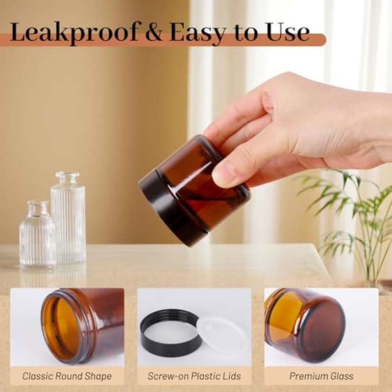 2oz Amber Glass Jars with Lids 24Pack- 2 oz Airtight Small Jars with Lids&Stickers for Cosmetics, Body Butter, Candle Making (2fl.oz-24Pack)