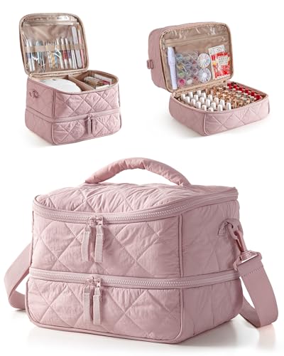 Pink Quilted Nail Polish Organizer Bag Holds 42 Bottles & Nail Lamp