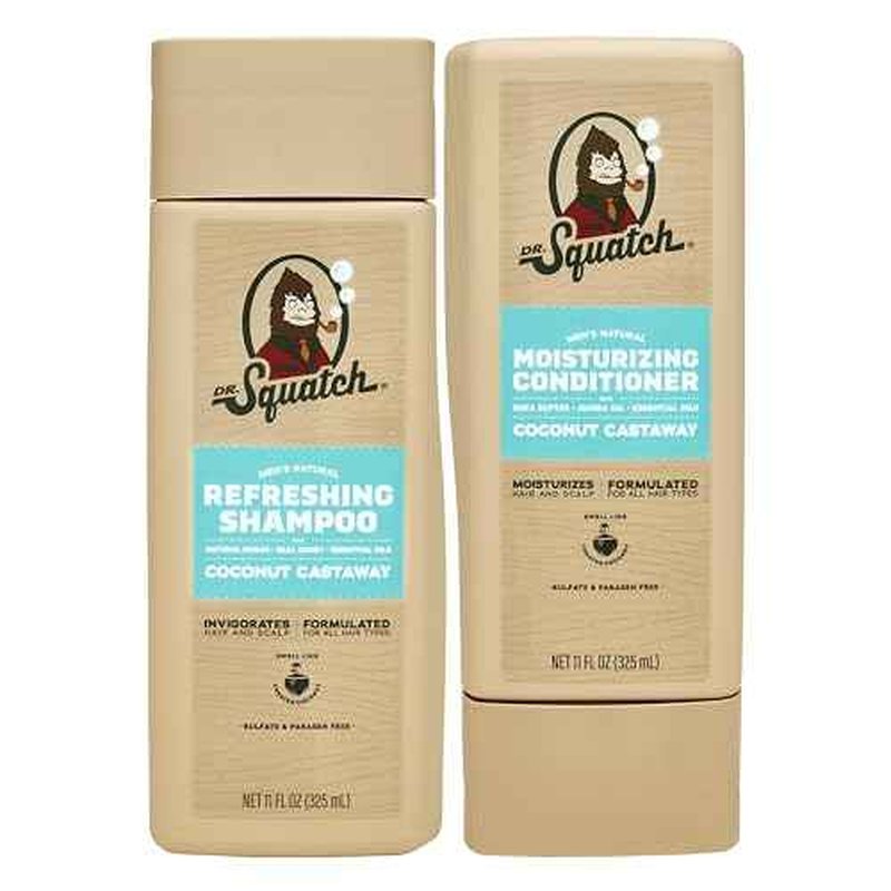 Dr. Squatch Natural Hair Bundle for Men - Healthy, Full Looking Hair - Coconut Castaway Shampoo (8 fl oz), Coconut Castaway Conditioner (11.5 fl oz)